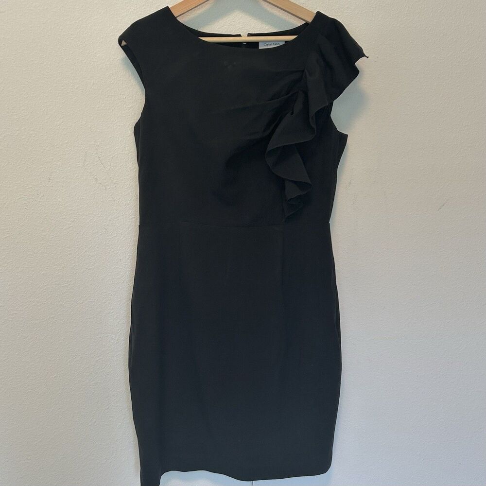 Calvin Klein Black Pencil Dress With Ruffle Shoulder Size L